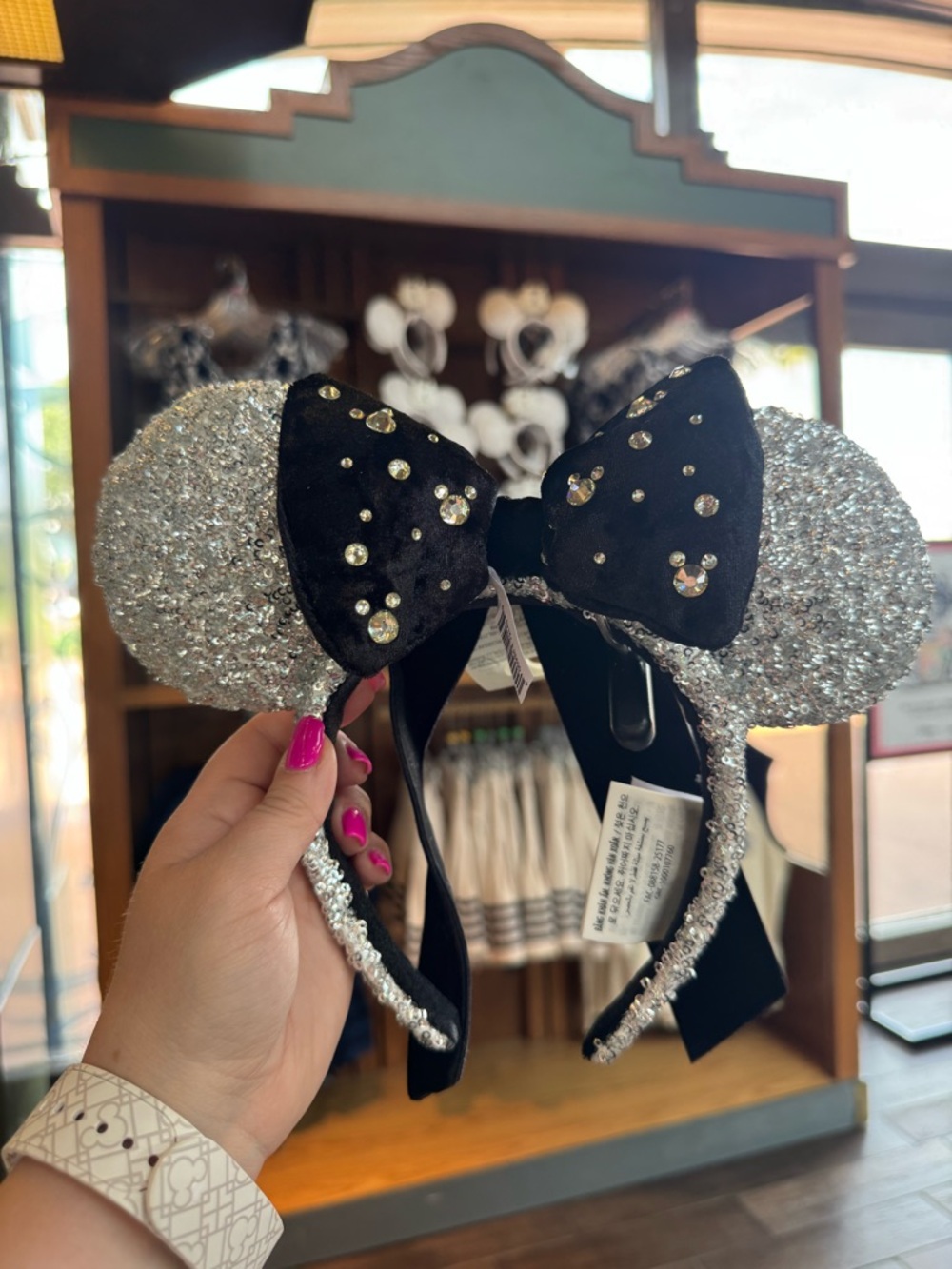 Disney Silver Sequin Minnie Ears Headband with Black Velvet Bow and Rhinestones - Picture 2 of 3